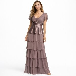 Patra Women Taupe Layered Evening Gown Brooch Elegant Tiered Ruffle Maxi Size 6
